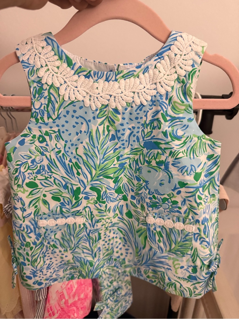 Lilly Pulitzer Blue and Green Floral Shift Dress with White Lace Trim baby
